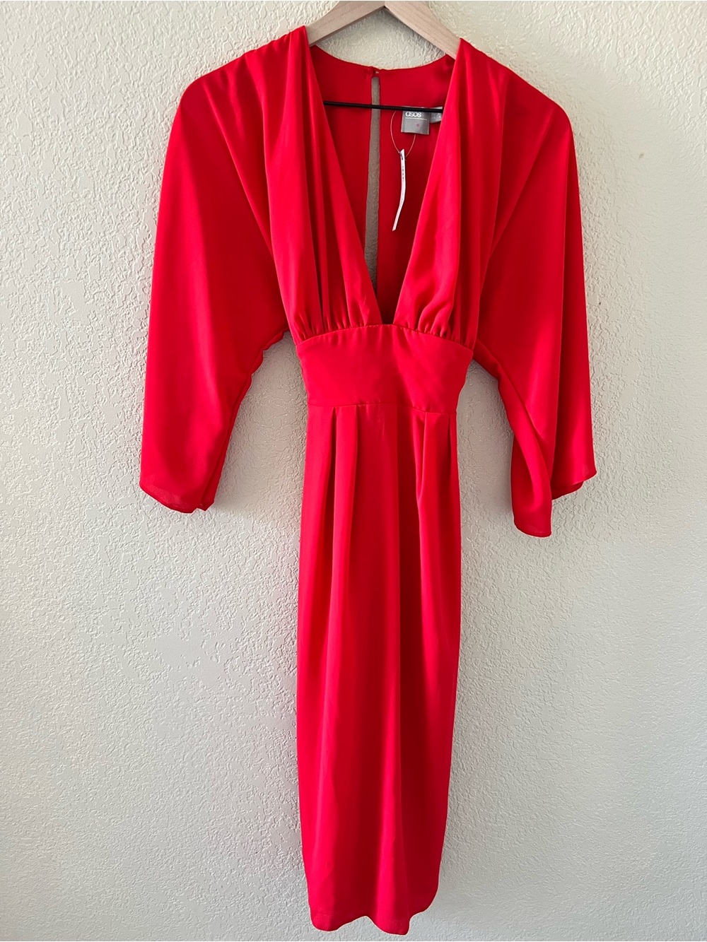 ASOS Vibrant Red Plunge Midi Dress with Draped Sleeves Size 4 Tall